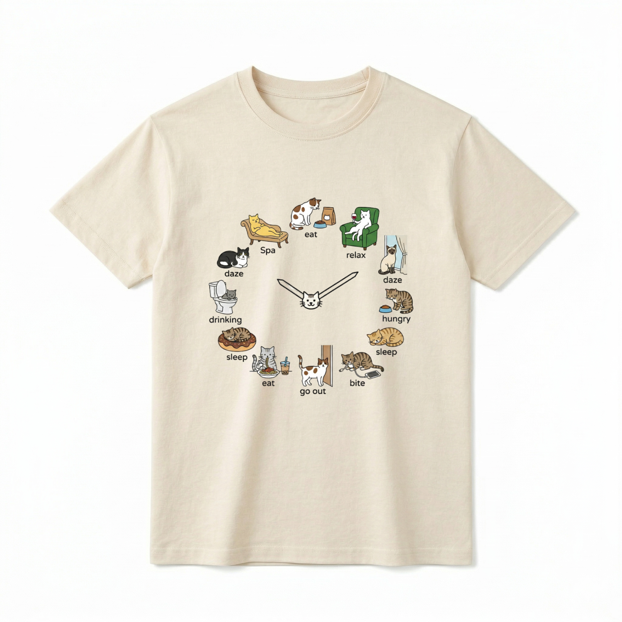 A flat lay of a short-sleeve t-shirt resting against a white background. The center chest features a graphic of a clock made out of cartoon cats. In the center are two clock hands attached to a small white cat face. Around the dial are twelve different illustrations of cats doing daily activities with text labels below them: "eat”, "relax", "daze", "hungry", "sleep", "bite", "go out", "eat", "sleep”, "drinking", "daze", and "Spa".
