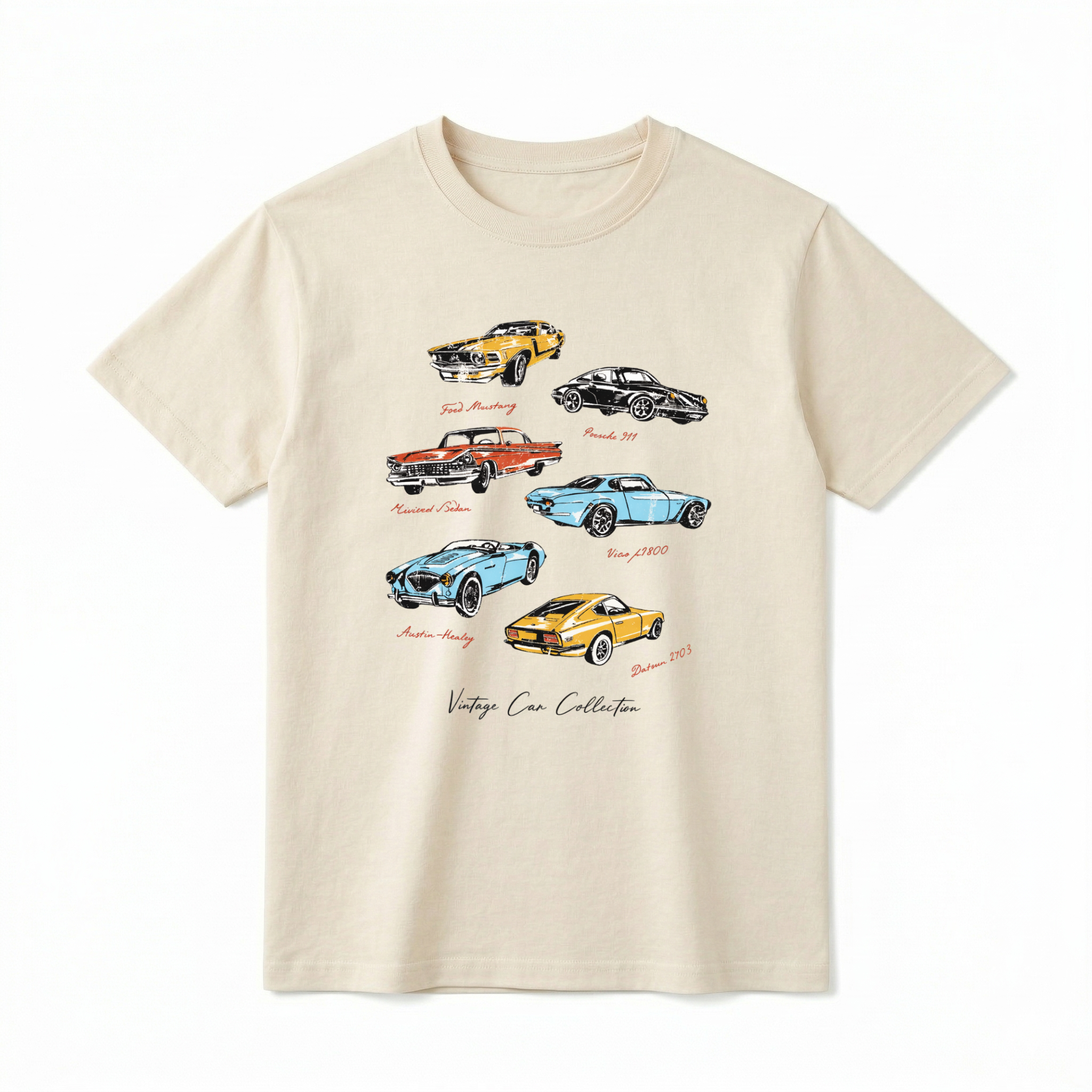 A flat lay of a short-sleeve t-shirt. The center chest features an illustrated graphic of six classic cars arranged in a slightly staggered layout. The vintage cars include a yellow Ford Mustang, a black Porsche 911, a red Riviera Sedan, a blue coupe, a light blue Austin-Healey, and a yellow Datsun. Each car has its name written below it in a small, red script font. At the very bottom of the design, the words "Vintage Car Collection" are printed in an elegant black script font.