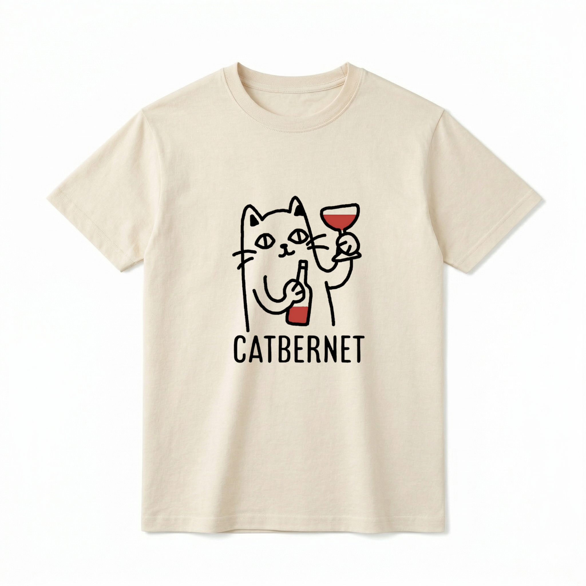 A flat lay of a short-sleeve t-shirt. The center chest features a simple black line drawing of a cat holding a wine bottle in one paw and a wine glass filled with red wine in the other. Directly below the illustration is the word "CATBERNET" printed in a clean, black uppercase font.