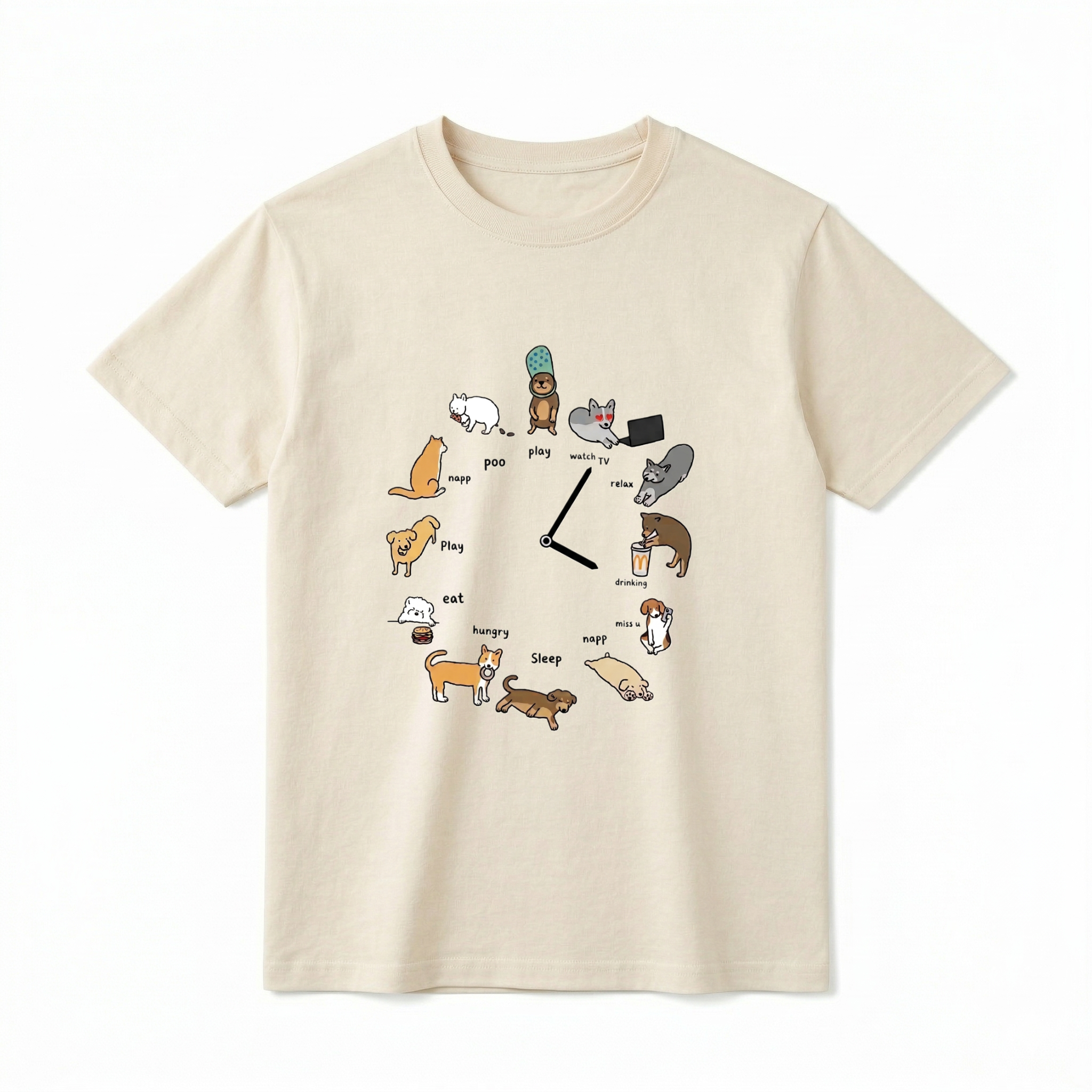 A flat lay of a black short-sleeve t-shirt. The center graphic features a clock face made of twelve different cartoon dogs performing daily activities, with text labels including "play," "napp," "eat," "sleep," and "watch TV." Two black clock hands sit in the center of the circle.
