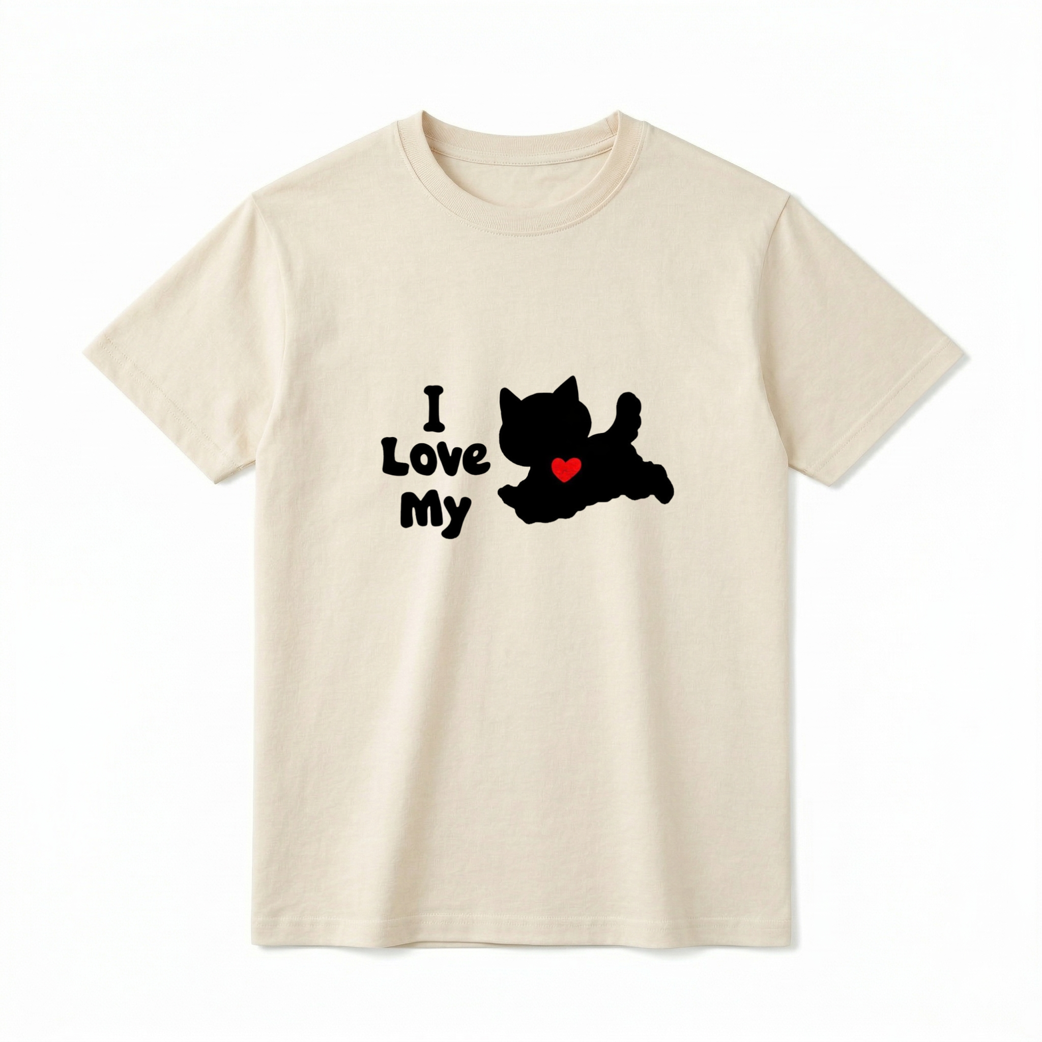 A flat lay of a short-sleeve t-shirt. The center chest features the text "I Love My" in a thick, rounded black font. To the right of the text is a solid black silhouette of a leaping cat with pointy ears and a raised tail, featuring a bright red heart in the center of its body.