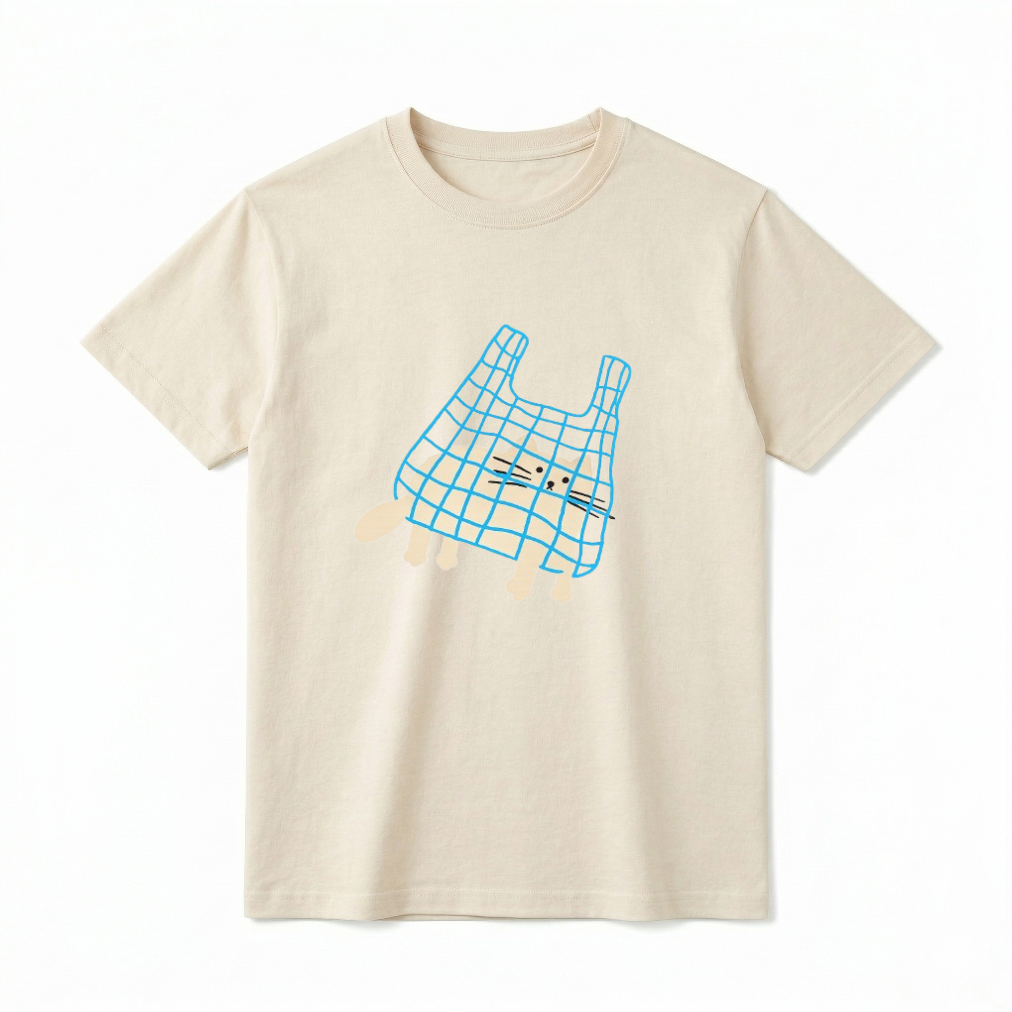 A flat lay of a short-sleeve t-shirt. The center chest features a minimalist, hand-drawn graphic of a light beige cat sitting inside a blue, gridded shopping bag. The cat's paws and tail are poking out of the bottom of the bag, and its face is drawn with simple black dot eyes and straight whiskers.