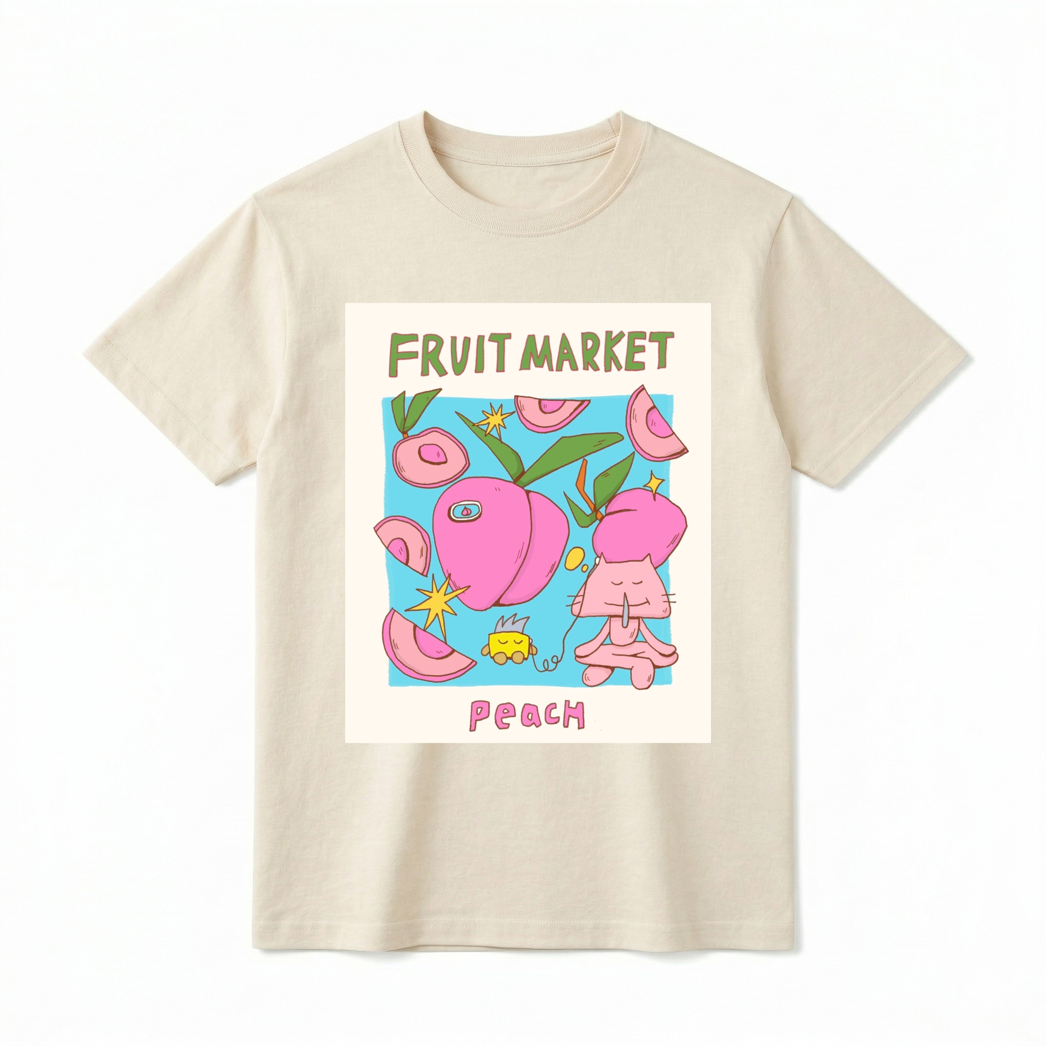 A flat lay of a short-sleeve t-shirt. The center features a colorful graphic with the text "FRUIT MARKET" at the top in green, hand-drawn letters. Below it is a light blue square containing illustrations of pink peaches, peach slices, green leaves, and retro yellow starbursts. In the foreground, a cute pink cartoon cat sits cross-legged, listening to wired earphones connected to a small yellow device. The word "PeACH" is printed at the bottom in bubbly pink text.