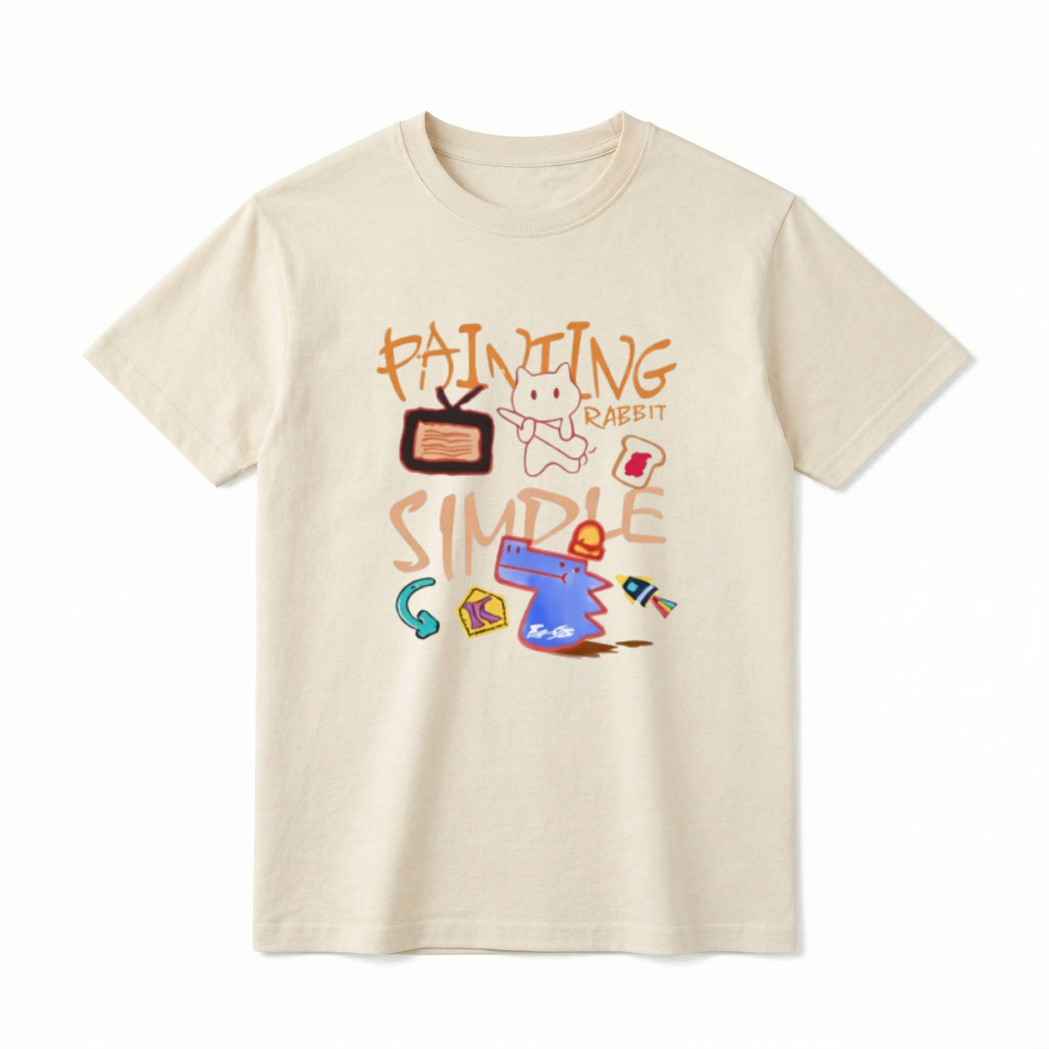 A flat lay of a short-sleeve t-shirt. The center chest features a colorful, chaotic doodle art graphic. The design includes graffiti-style orange text reading "PAINTING", "RABBIT", and "SIMPLE". Scattered hand-drawn illustrations surround the text, including a white rabbit-like figure, a brown retro TV, a piece of toast with red jam, a blue dog or dinosaur head wearing a red hat, a teal curved arrow, a yellow block with the letter K, and a small rocket.