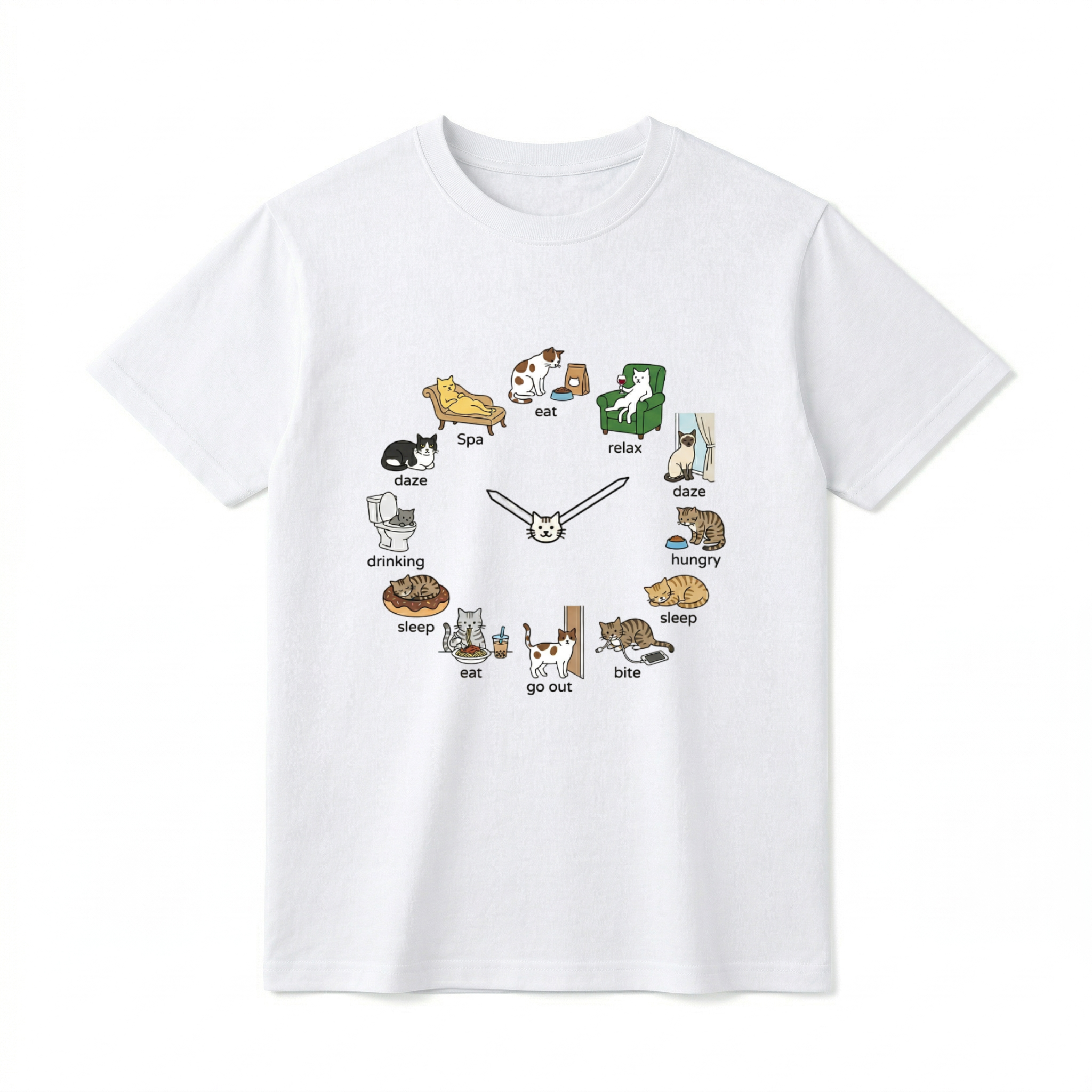 A flat lay of a short-sleeve t-shirt resting against a white background. The center chest features a graphic of a clock made out of cartoon cats. In the center are two clock hands attached to a small white cat face. Around the dial are twelve different illustrations of cats doing daily activities with text labels below them: "eat”, "relax", "daze", "hungry", "sleep", "bite", "go out", "eat", "sleep”, "drinking", "daze", and "Spa".
