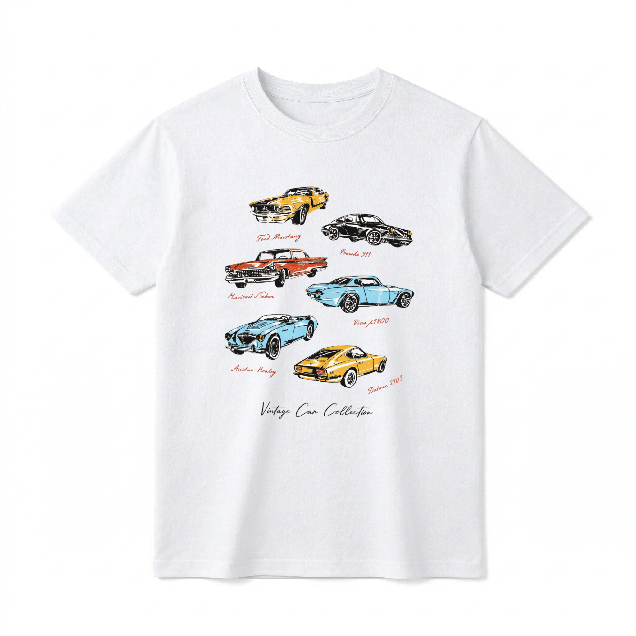 A flat lay of a short-sleeve t-shirt. The center chest features an illustrated graphic of six classic cars arranged in a slightly staggered layout. The vintage cars include a yellow Ford Mustang, a black Porsche 911, a red Riviera Sedan, a blue coupe, a light blue Austin-Healey, and a yellow Datsun. Each car has its name written below it in a small, red script font. At the very bottom of the design, the words "Vintage Car Collection" are printed in an elegant black script font.