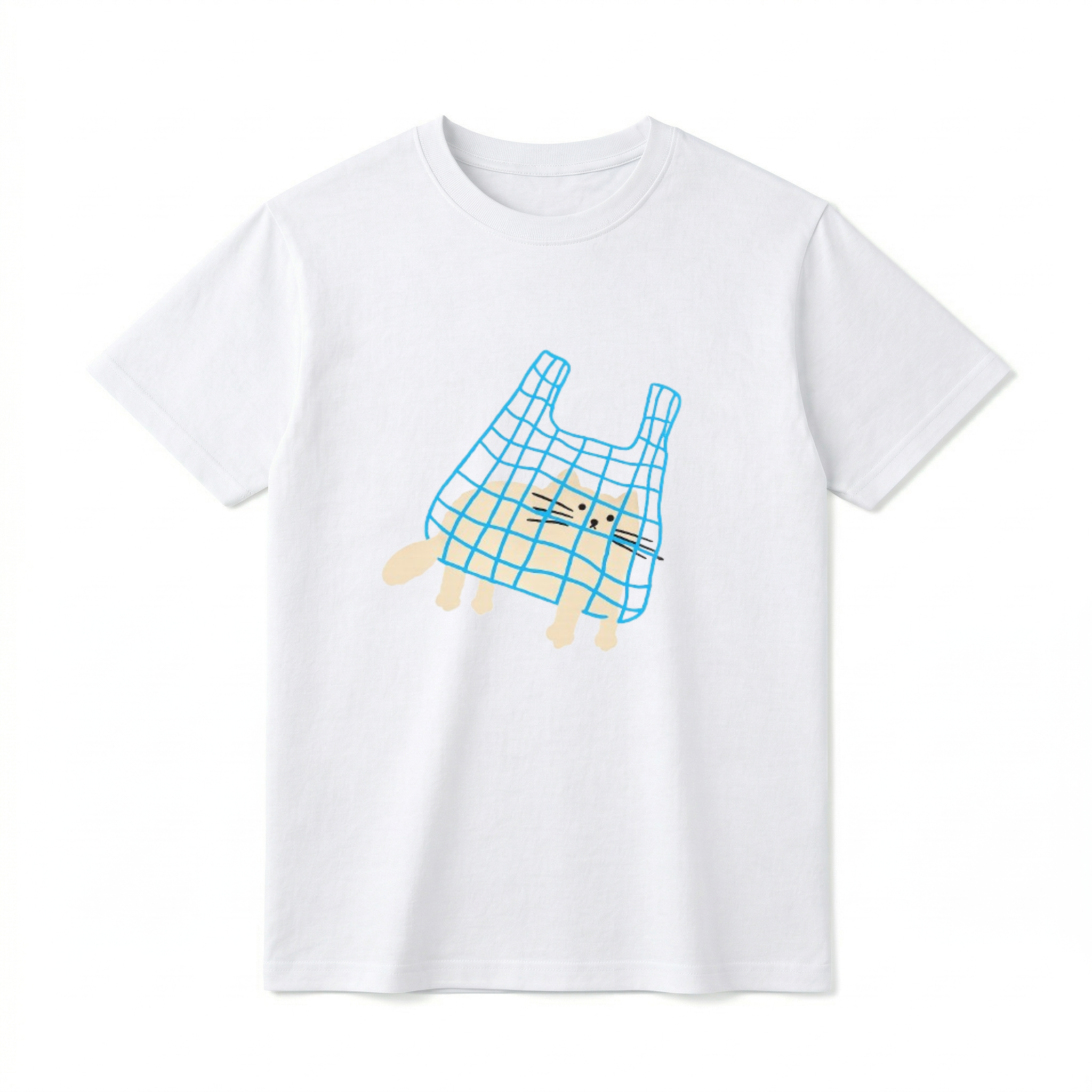A flat lay of a short-sleeve t-shirt. The center chest features a minimalist, hand-drawn graphic of a light beige cat sitting inside a blue, gridded shopping bag. The cat's paws and tail are poking out of the bottom of the bag, and its face is drawn with simple black dot eyes and straight whiskers.