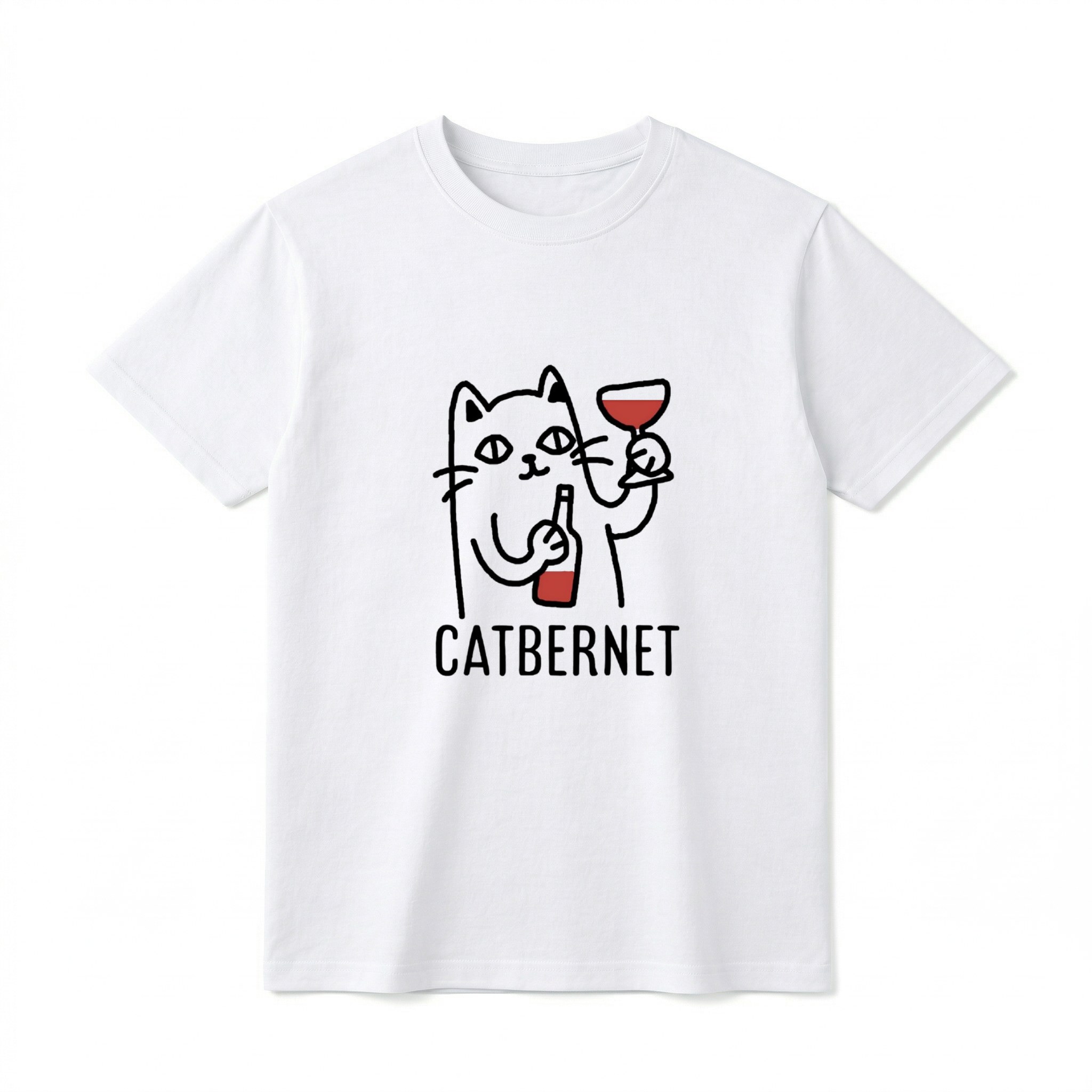 A flat lay of a short-sleeve t-shirt. The center chest features a simple black line drawing of a cat holding a wine bottle in one paw and a wine glass filled with red wine in the other. Directly below the illustration is the word "CATBERNET" printed in a clean, black uppercase font.