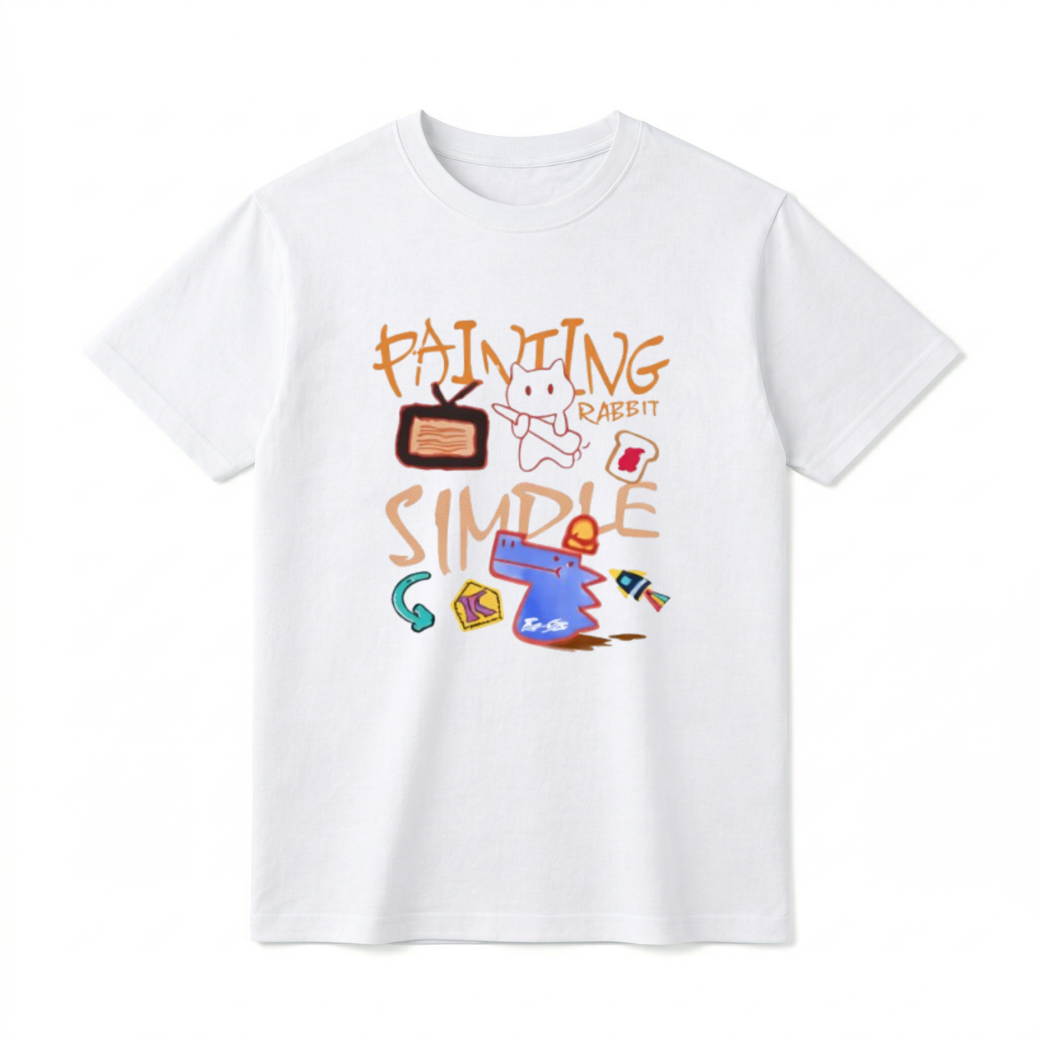 A flat lay of a short-sleeve t-shirt. The center chest features a colorful, chaotic doodle art graphic. The design includes graffiti-style orange text reading "PAINTING", "RABBIT", and "SIMPLE". Scattered hand-drawn illustrations surround the text, including a white rabbit-like figure, a brown retro TV, a piece of toast with red jam, a blue dog or dinosaur head wearing a red hat, a teal curved arrow, a yellow block with the letter K, and a small rocket.