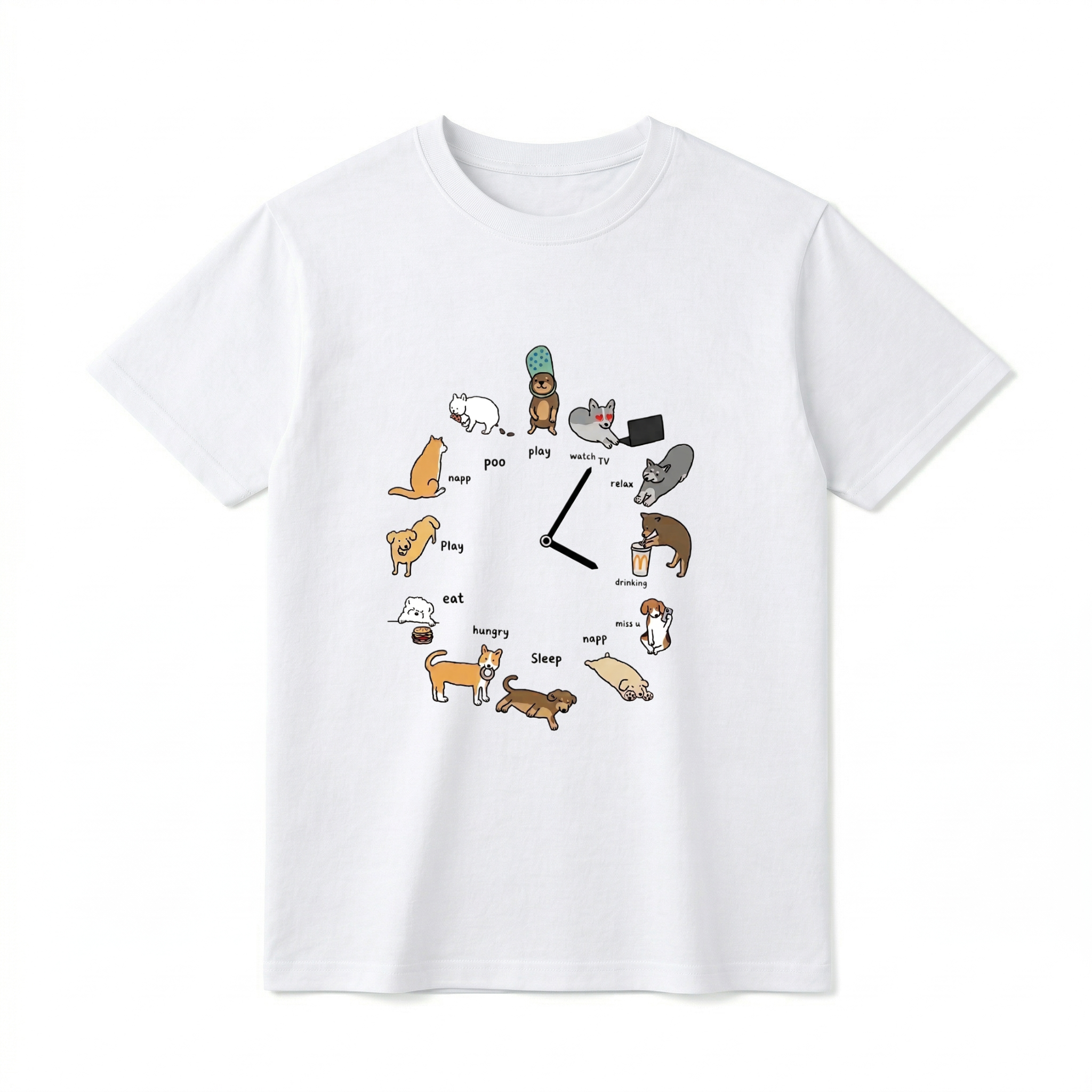 A flat lay of a black short-sleeve t-shirt. The center graphic features a clock face made of twelve different cartoon dogs performing daily activities, with text labels including "play," "napp," "eat," "sleep," and "watch TV." Two black clock hands sit in the center of the circle.
