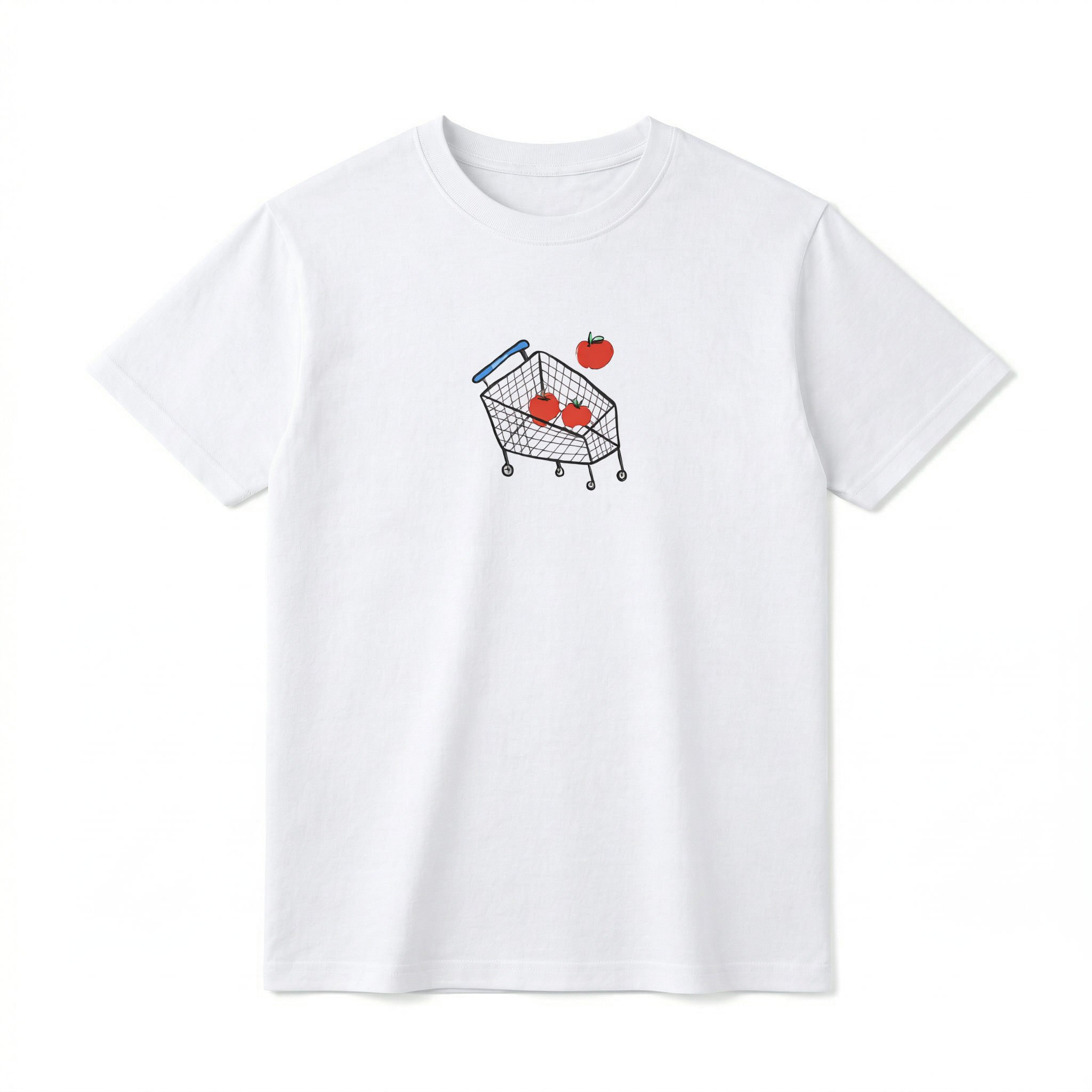 A flat lay of a short-sleeve t-shirt. The center chest features a minimalist, hand-drawn graphic of a wire shopping cart with a blue handle. Inside the cart are two bright red apples, with a third red apple floating just above the basket as if it is falling in.