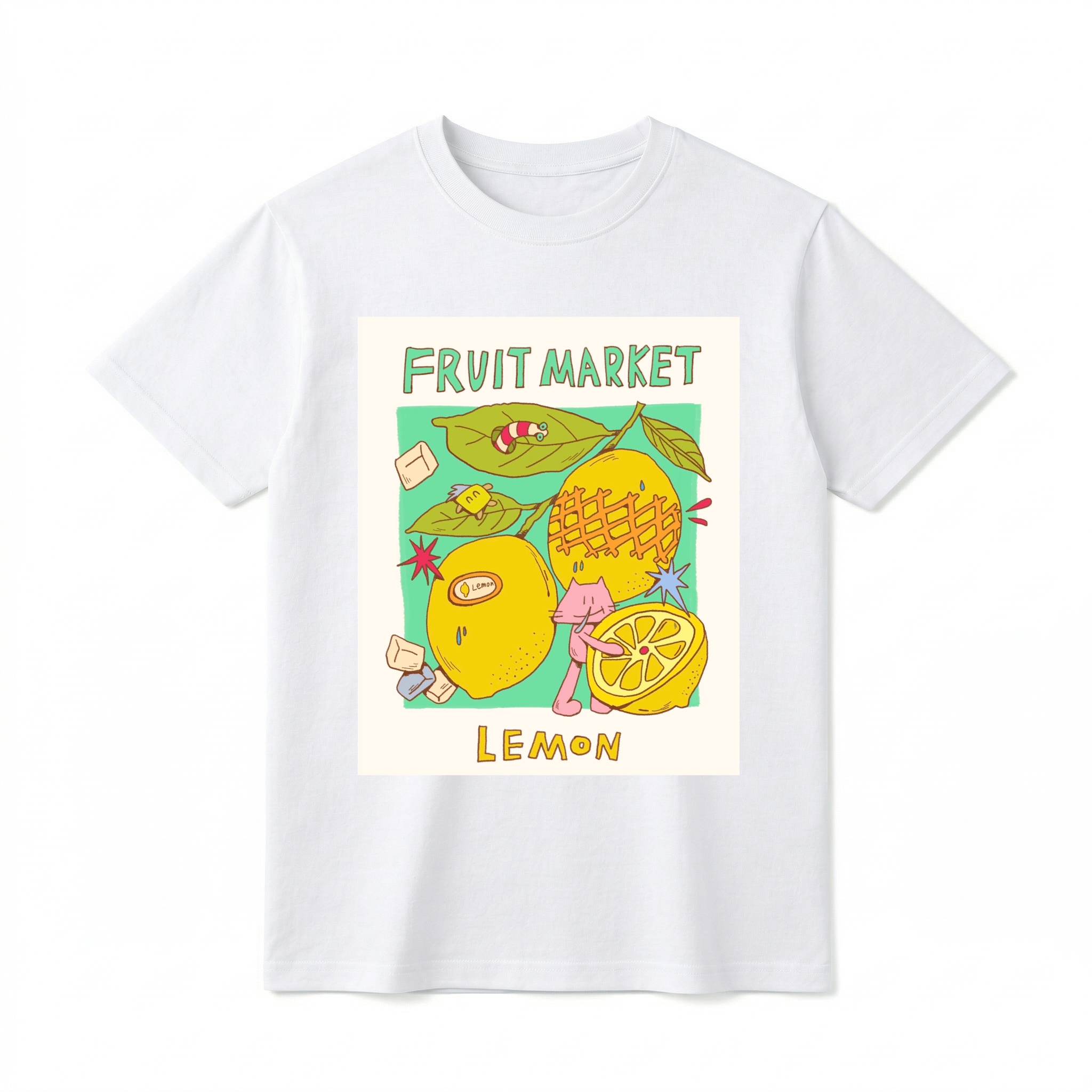 A white-colored short-sleeve t-shirt. At the top, "FRUIT MARKET" is in hand-drawn blue font. A distressed rectangular graphic panel shows detailed illustrations of two whole lemons and a sliced lemon half. Text below panel reads "LEMON" in hand-drawn yellow-brown font.