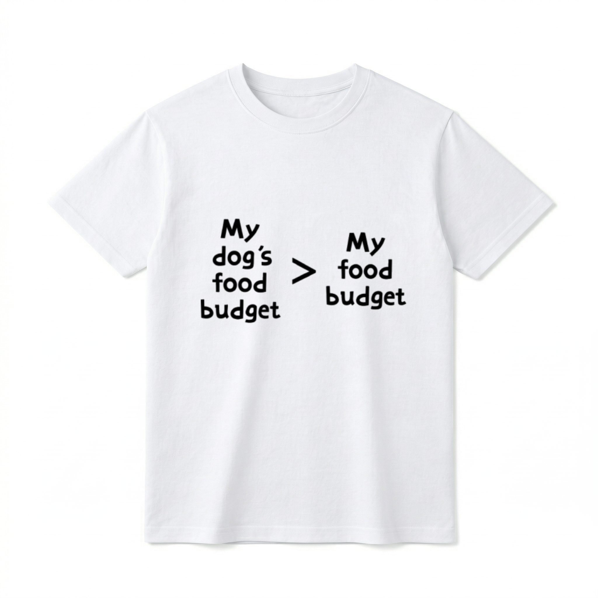 A front-facing flat lay of a short-sleeve t-shirt on a white background. Centered on the chest is the text 'My dog's food budget > My food budget' in a bold, black sans-serif font.