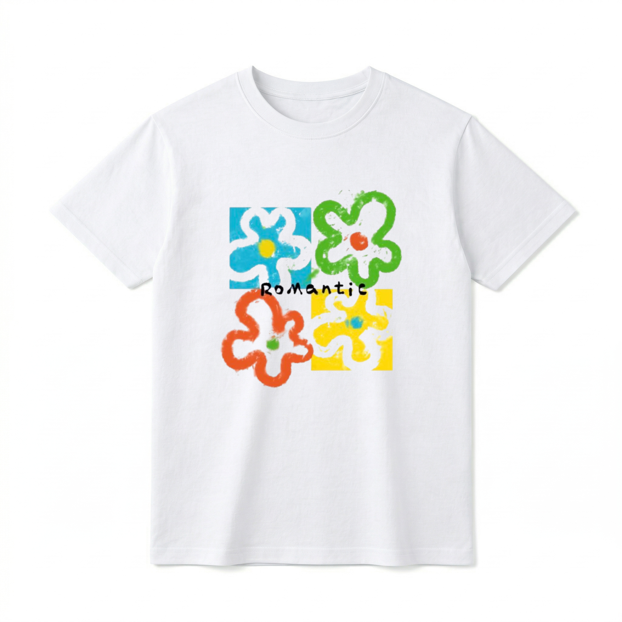 A flat lay of a short-sleeve t-shirt. The center graphic features a colorful, four-panel pop art grid with abstract, chunky flower outlines in blue, green, orange, and yellow. The word "Romantic" is printed directly across the middle of the flowers in a casual black font.