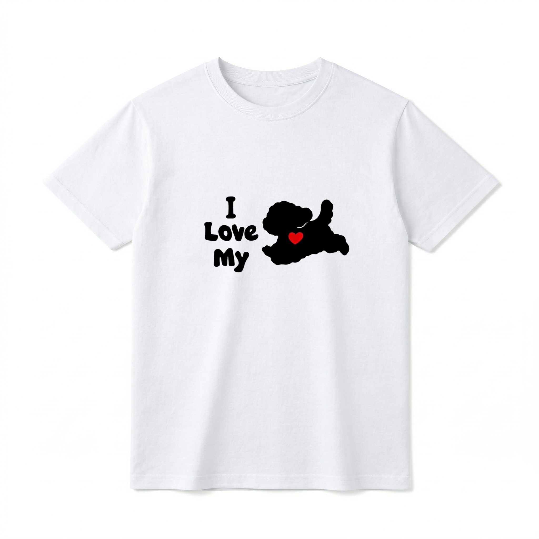 A flat lay of a short-sleeve t-shirt. The center chest features the text "I Love My" in a thick, rounded black font. To the right of the text is a solid black silhouette of a small, leaping pet with pointy ears and a raised tail, featuring a bright red heart in the center of its body.