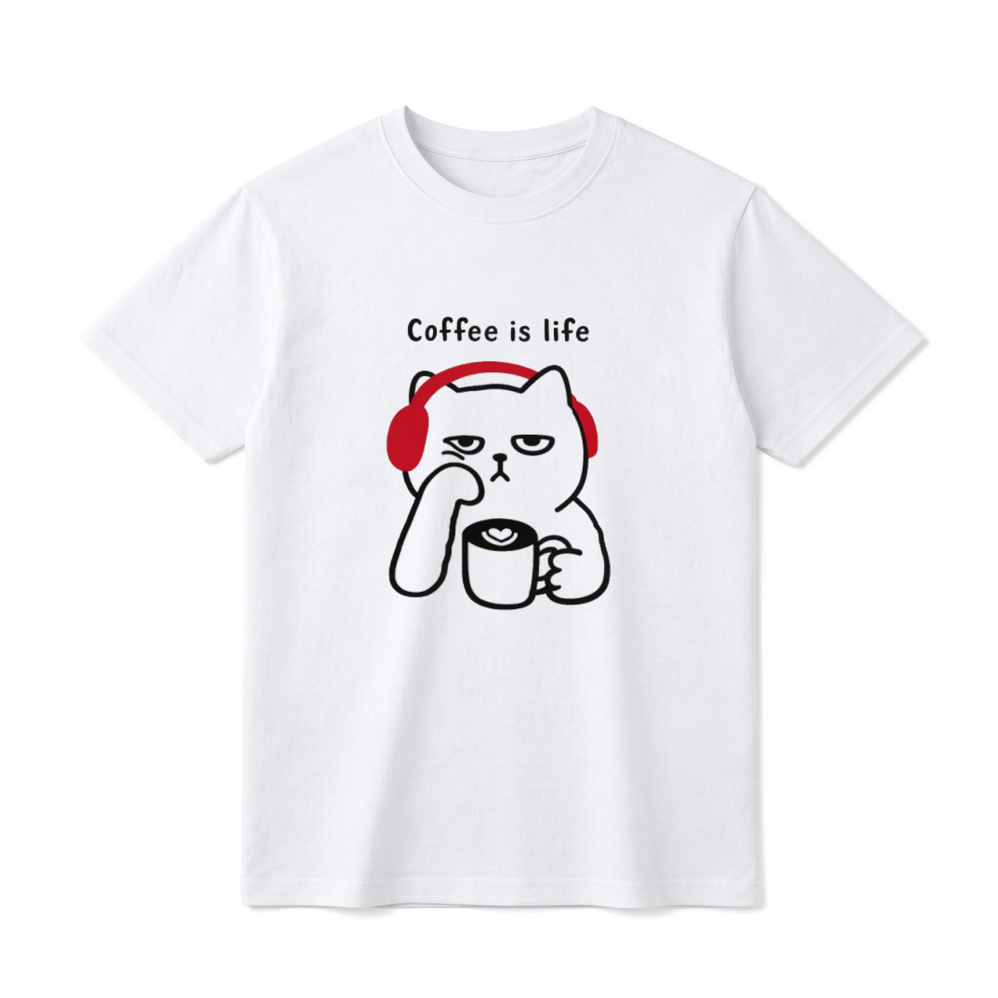 A flat lay of a short-sleeve t-shirt. The center chest features a black line-art graphic of a grumpy-looking cat wearing bright red headphones. The cat is resting its chin on one paw and holding a coffee mug with a latte art heart in the other. Above the cat, the text reads "Coffee is life" in a simple, playful black font.