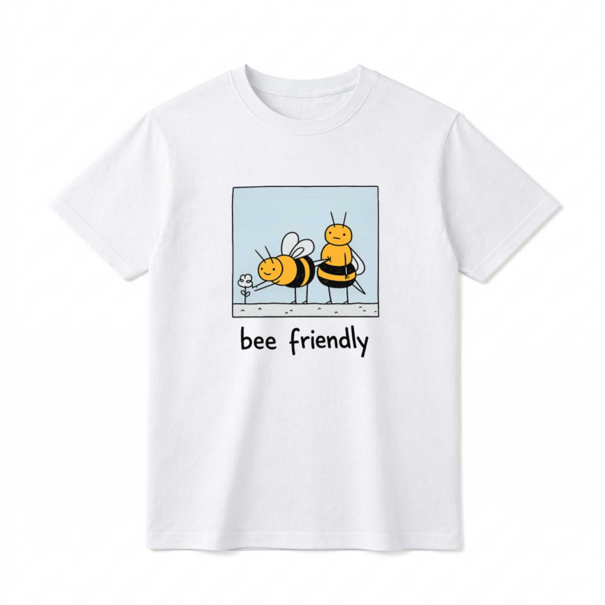 A flat lay of a short-sleeve t-shirt. The center chest features a hand-drawn cartoon graphic inside a light blue square border. Inside, two cute, chunky bees are drawn in a simple style. One bee is leaning forward to touch a tiny flower, while the other bee stands behind it with a blank, funny expression. Below the square graphic, the text reads "bee friendly" in a playful, casual black font.