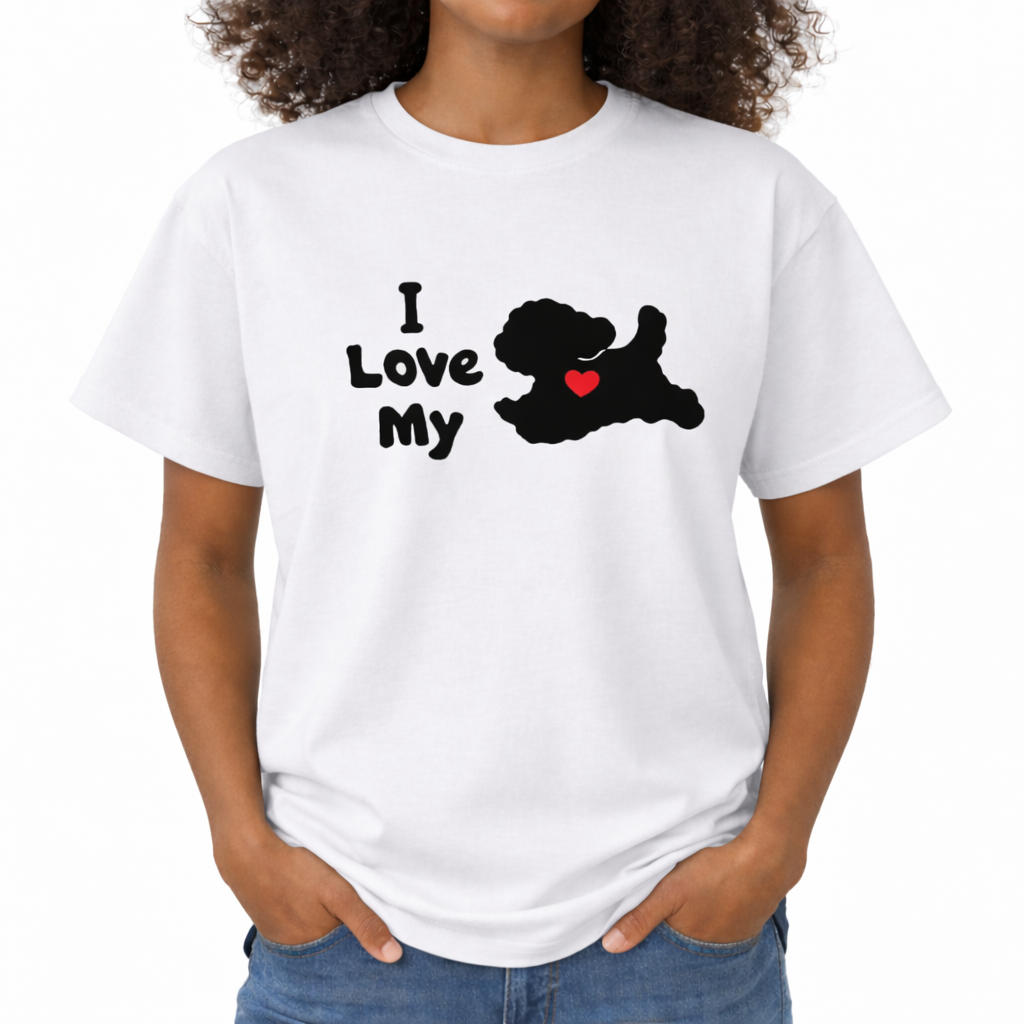 White t-shirt with 'I Love My' graphic design featuring a black dog and red heart on a white background. The center chest features the text "I Love My" in a thick, rounded black font. To the right of the text is a solid black silhouette of a small, leaping pet with pointy ears and a raised tail, featuring a bright red heart in the center of its body.