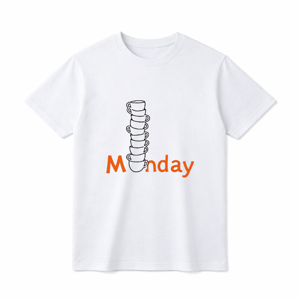 A flat lay of a short-sleeve t-shirt. The center graphic features the word "Monday" in orange text, where the letter "o" is replaced by a tall, teetering vertical stack of eight black-and-white illustrated coffee cups.