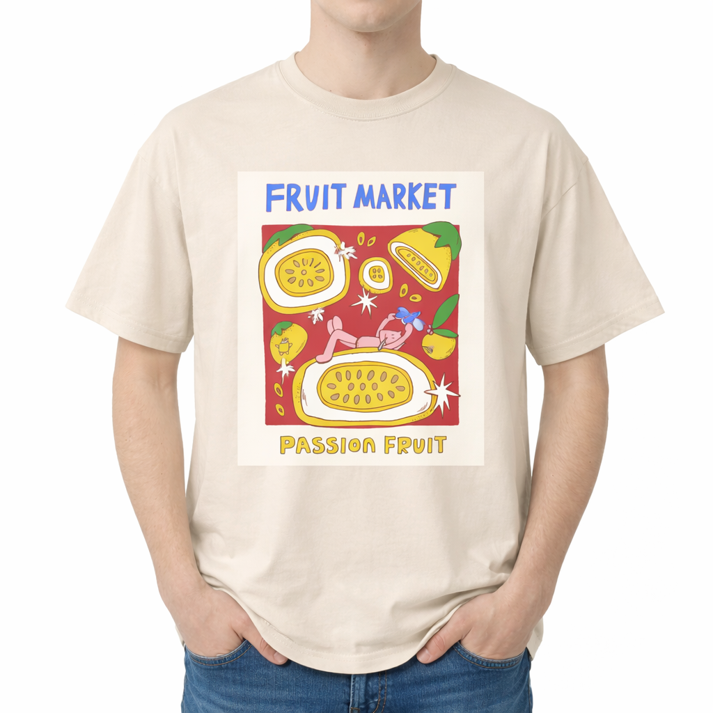 Person wearing a t-shirt with a colorful 'Fruit Market' design featuring passion fruit. A slightly distressed, rectangular graphic panel with illustrations. At the top, "FRUIT MARKET" is in hand-drawn blue font. The panel shows detailed illustrations of three whole passion fruits and two sliced open passion fruits with visible seeds, complete with a small pink cartoon cat illustration inside the larger fruit. Below the panel, "PASSION FRUIT" is in