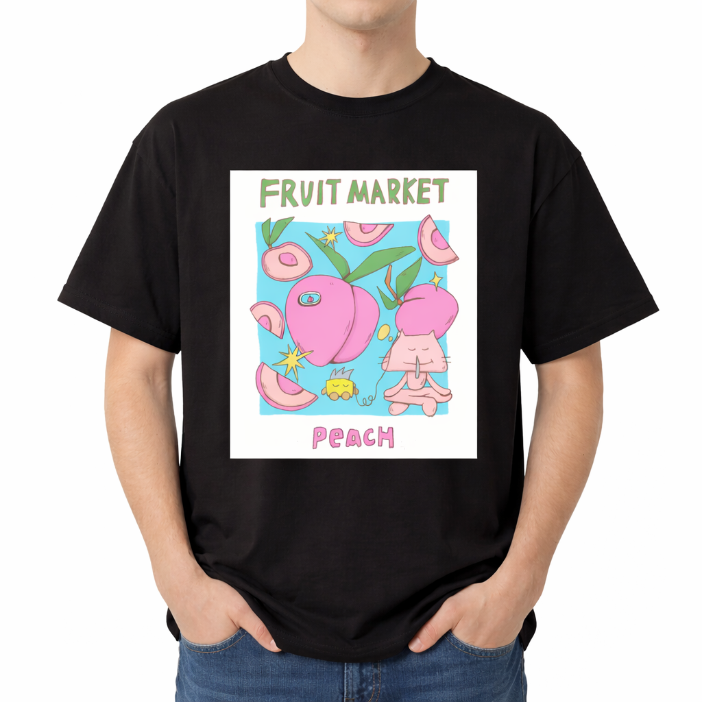 Black t-shirt with 'Fruit Market Peach' graphic design on a white background. The center features a colorful graphic with the text "FRUIT MARKET" at the top in green, hand-drawn letters. Below it is a light blue square containing illustrations of pink peaches, peach slices, green leaves, and retro yellow starbursts. In the foreground, a cute pink cartoon cat sits cross-legged, listening to wired earphones connected to a small yellow device. The word "PeACH" is printed a