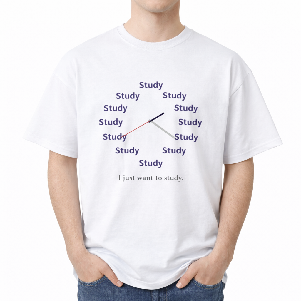 White t-shirt with 'Study' text and clock design worn by a person on a white background. The center chest features a graphic of a clock face made entirely of the word "Study" repeated twelve times in a dark purple, sans-serif font. Three clock hands (black, red, and grey) extend from the center. Below the clock, the text "I just want to study." is printed in a simple, dark grey serif font.