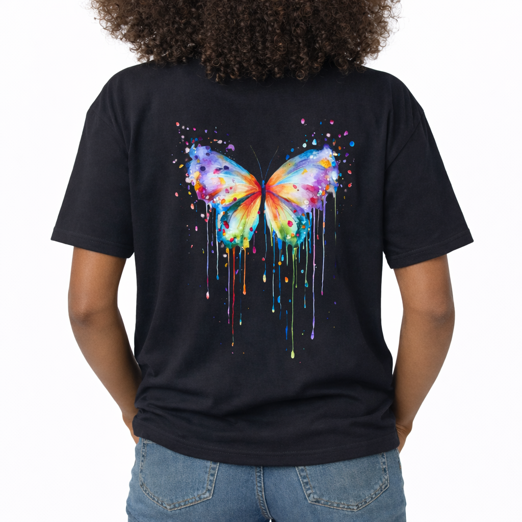 Black t-shirt with a colorful butterfly design on the back, worn by a person. The center features a large, vibrant watercolor painting of a butterfly. The butterfly's wings are filled with a rainbow of blended colors, including purple, blue, orange, yellow, and green. The design incorporates artistic paint splatters around the top and long, colorful watercolor drips running down from the bottom edges of the wings.
