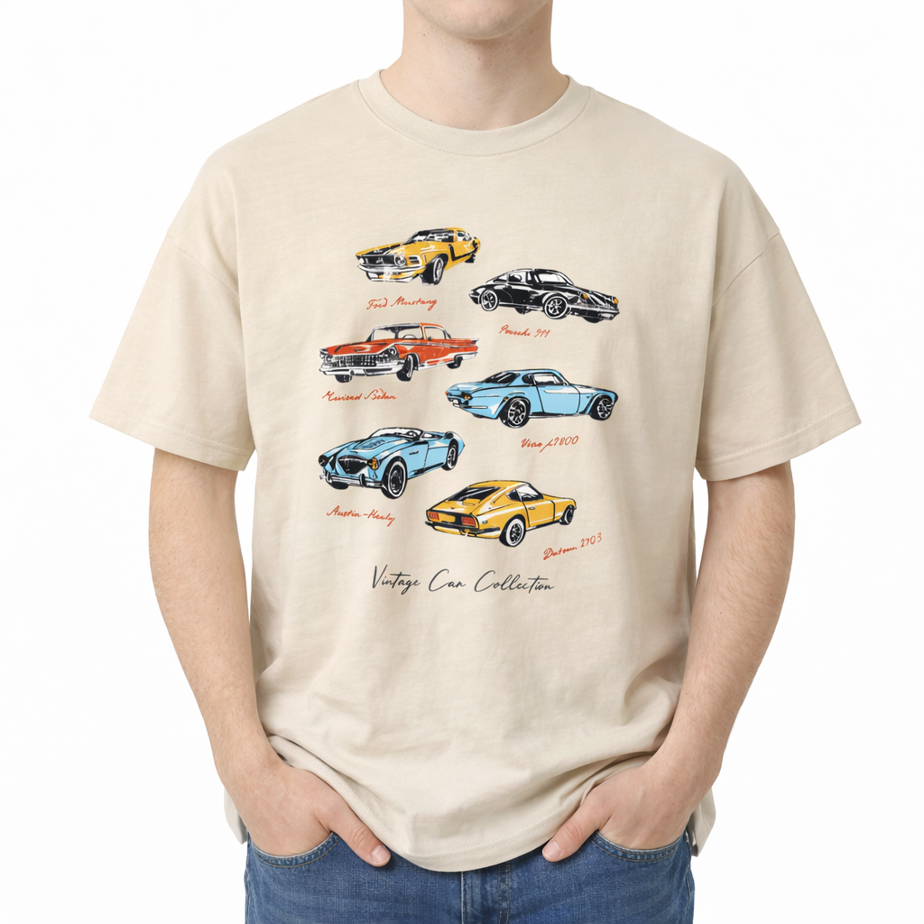 Person wearing a beige t-shirt with vintage car illustrations on a white background. The center chest features an illustrated graphic of six classic cars arranged in a slightly staggered layout. The vintage cars include a yellow Ford Mustang, a black Porsche 911, a red Riviera Sedan, a blue coupe, a light blue Austin-Healey, and a yellow Datsun. Each car has its name written below it in a small, red script font. At the very bottom of the design, the words "Vintage Car C